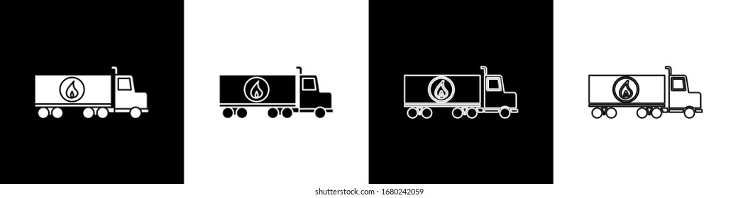 Set Tanker truck icon isolated on black and white background. Petroleum tanker, petrol truck, cistern, oil trailer.  Vector Illustration