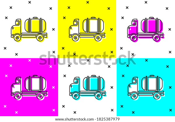 Set Tanker truck icon isolated on color\
background. Petroleum tanker, petrol truck, cistern, oil trailer. \
Vector Illustration