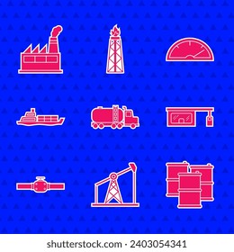 Set Tanker truck, Oil pump or pump jack, Barrel oil, Gas filling station, Industry pipes and valve, tanker ship, Speedometer and industrial factory building icon. Vector