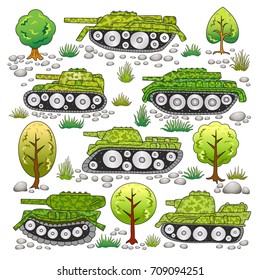 Set of tanks with camouflage and elements of nature; trees, stones, grass.