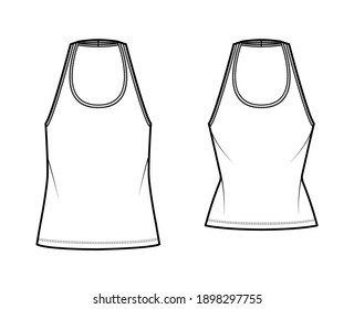 Set of Tanks halter scoop neck tops technical fashion illustration with slim, oversized fit, waist length. Flat apparel outwear template front, white color. Women men unisex CAD mockup