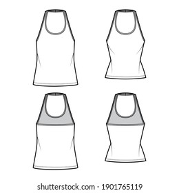 Set of Tanks halter scoop neck tops technical fashion illustration with slim, oversized fit, waist length. Flat apparel outwear template front, back, white color. Women men unisex CAD mockup