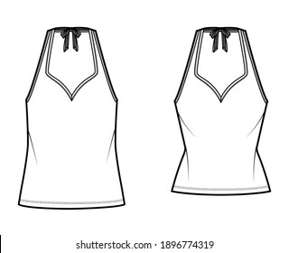 Set of Tanks halter sweetheart neck tops technical fashion illustration with bow, slim, oversized fit, waist length. Flat apparel outwear template front white color. Women men unisex CAD mockup