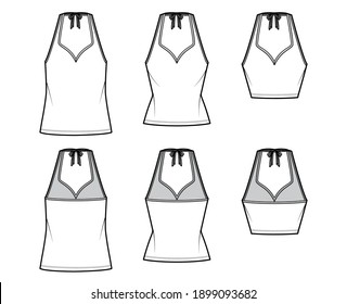 Set of Tanks halter sweetheart neck tops technical fashion illustration with bow, slim, oversized fit, waist, crop length. Flat apparel outwear template front back white color. Women unisex CAD mockup