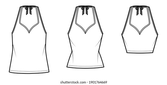 Set of Tanks halter sweetheart neck tops technical fashion illustration with bow, slim, oversized fit, waist, crop length. Flat apparel outwear template front white color. Women unisex CAD mockup