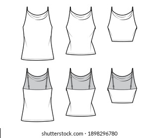 Set of Tanks high cowl Camisole technical fashion illustration with empire seam, thin adjustable straps, Crop or tunic length, slim or oversized fit. Flat top template front back. Women men CAD mockup