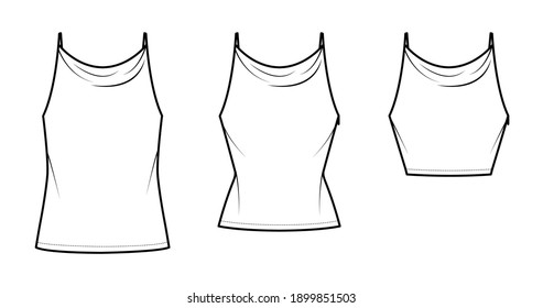 Set of Tanks high cowl Camisole technical fashion illustration with empire seam, thin adjustable straps, Crop or tunic length, slim or oversized fit. Flat top template front. Women men CAD mockup