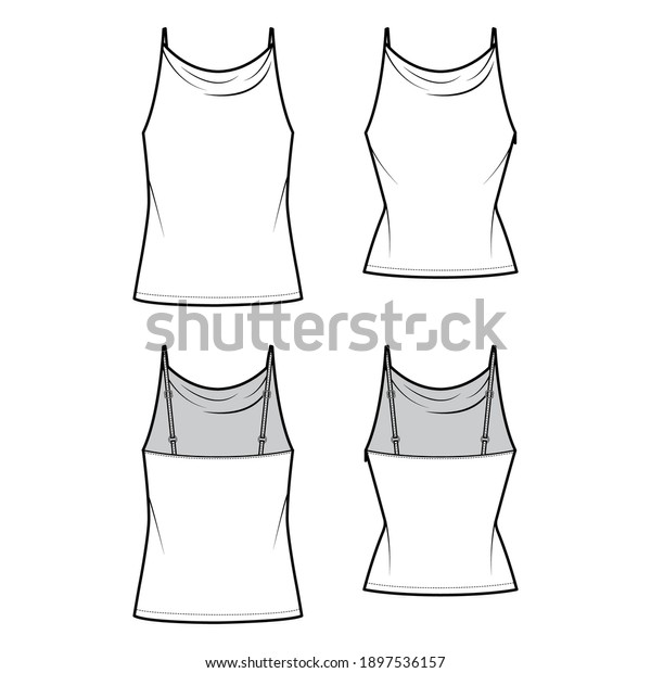 Set of Tanks high cowl Camisoles technical fashion\
illustration with empire seam, thin adjustable straps, tunic\
length, slim or oversized fit. Flat top template front back. Women\
men unisex CAD mockup