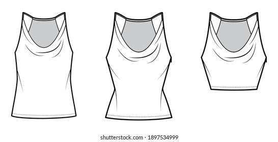 Set of Tanks low cowl Crop Camisoles technical fashion illustration with thin adjustable straps, slim, oversized fit, waist, crop length. Flat outwear top template front. Women men CAD mockup