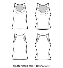 Set of Tanks low cowl Crop Camisoles technical fashion illustration with thin adjustable straps, slim, oversized fit, waist length. Flat outwear top template front, back, white color. Women CAD mockup