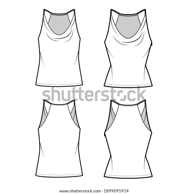 Set of Tanks low cowl Crop Camisoles technical\
fashion illustration with thin adjustable straps, slim, oversized\
fit, waist length. Flat outwear top template front, back, white\
color. Women CAD mockup