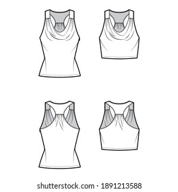 Set of Tanks racerback cowl crop tops technical fashion illustration with ruching, fitted body, waist and tunic length. Flat outwear shirt template front back white color. Women, men unisex CAD mockup