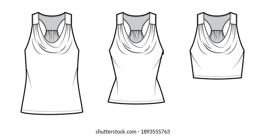 Set of Tanks racerback cowl crop tops technical fashion illustration with ruching, oversized and fitted body, waist and tunic length. Flat apparel template front white color. Women men CAD mockup