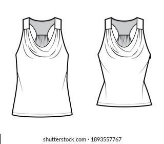 Set of Tanks racerback cowl crop tops technical fashion illustration with ruching, oversized and fitted body, tunic length. Flat outwear shirt template front, white color. Women, men CAD mockup