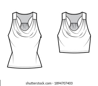 Set of Tanks racerback cowl crop tops technical fashion illustration with ruching, fitted body, waist and tunic length. Flat outwear shirt template front white color. Women, men unisex CAD mockup