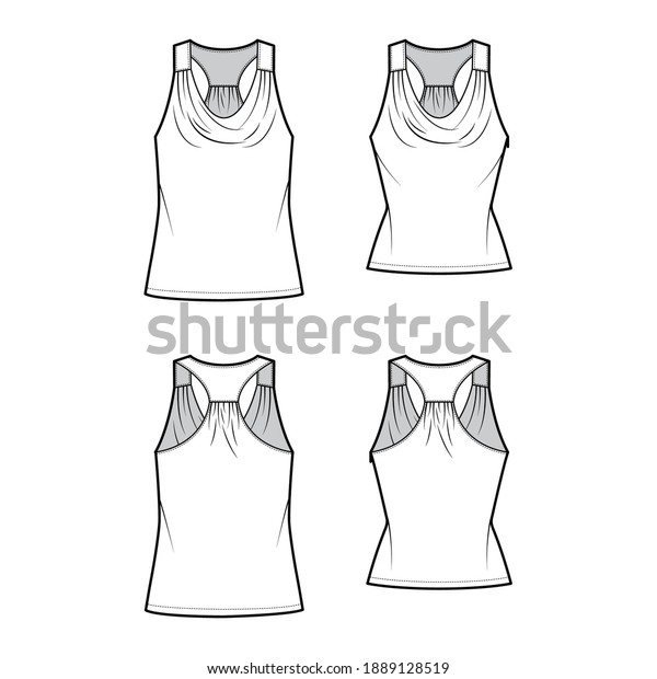 Set of Tanks racerback cowl crop tops technical\
fashion illustration with ruching, oversized and fitted body, tunic\
length. Flat outwear shirt template front, back, white color.\
Women, men CAD mockup