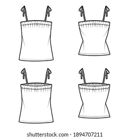 Set of Tanks tops with tie strap technical fashion illustration with ruching, oversized and fitted body, tunic length. Flat apparel outwear shirt template front, back, white color. Women, unisex CAD mockup