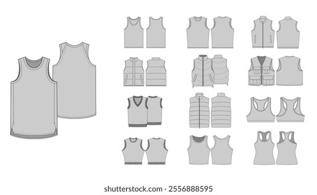 Set of Tanktop, Vest Template - Technical Flat Drawing of Gilet Puffer Vest Racerback Design - Womenswear Vector Technical Illustration - Mens Tank Top Vector Front and Back Views