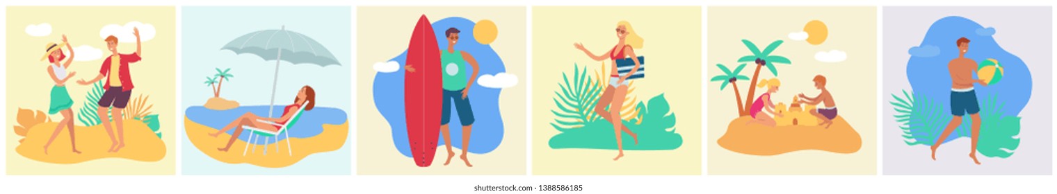 A set of tanned people, men, women and children rest in the summer on a tropical beach on vacation or on holiday. Tropical summer holiday concept set, vector flat beach illustration with people.