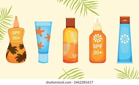 A set of tanning and sun protection products in a modern trendy cartoon style. Vector illustration. Isolated. Doodle and hand drawn. Items for summer, sea and beach.