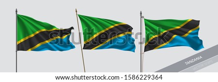 Set of Tanzania waving flag on isolated background vector illustration. 3 Tanzanian wavy realistic flag as a symbol of patriotism 