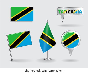 Set of Tanzanian pin, icon and map pointer flags. Vector illustration.