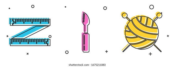 Set Tape measure, Cutter tool and Yarn ball with knitting needles icon. Vector