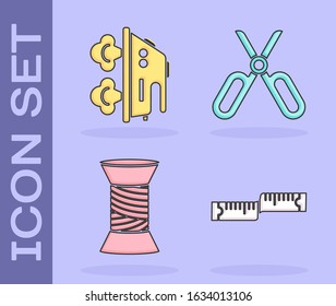 Set Tape measure, Electric iron, Sewing thread on spool and Scissors icon. Vector