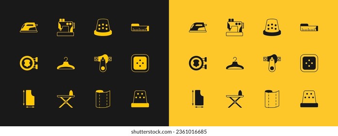 Ajuste la medida de cinta, plancha eléctrica y tabla de planchar, cremallera, rollo de tela textil, guardarropa de colgador, escaso para coser e icono de máquina de coser. Vector