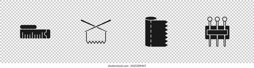 Set Maßband, Stricknadeln, Textilgeweberolle und Nadel zum Nähen Icon. Vektor