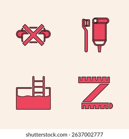 Set Tape measure, No junk food, Toothbrush and toothpaste and Swimming pool with ladder icon. Vector