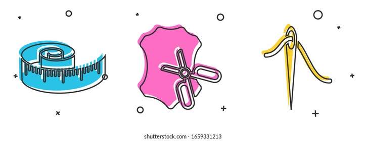 Establecer medida de cinta, tijeras y cuero y aguja para coser con icono de hilo. Vector