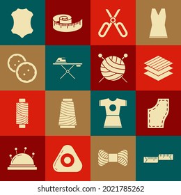 Set Tape measure, Sewing Pattern, Textile fabric roll, Scissors, Electric iron and ironing board, button for clothes, Leather and Yarn ball with knitting needles icon. Vector
