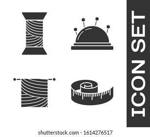 Set Tape measure, Sewing thread on spool, Knitting and Needle bed and needles icon. Vector