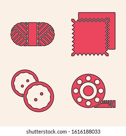 Set Tape measure, Sewing thread on spool, Textile fabric roll and Sewing button for clothes icon. Vector