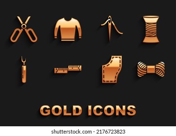 Set Tape measure, Sewing thread on spool, Pattern, Cutter tool, Needle for sewing with, Scissors and Sweater icon. Vector