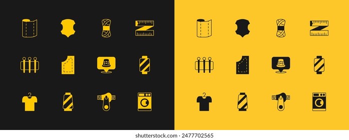 Set Tape measure, Sewing thread on spool, Thimble for sewing, Zipper, pattern, Yarn, Textile fabric roll and Leather icon. Vector