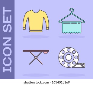 Set Tape measure, Sweater, Ironing board and Hanger wardrobe icon. Vector