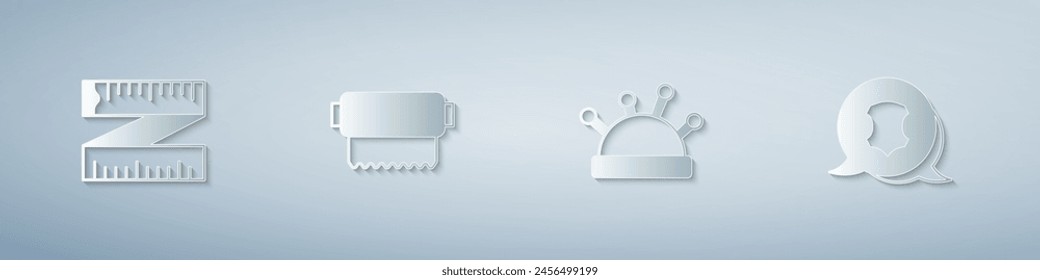 Set Tape measure, Textile fabric roll, Needle bed and needles and Leather. Paper art style. Vector