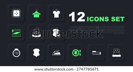 Set Tape measure, Thimble for sewing, Leather, Hanger wardrobe and Electric iron icon. Vector
