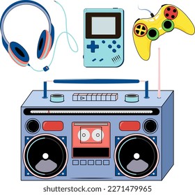 Set of tape recorder, headphones, game console, joystick. Vector illustration.
