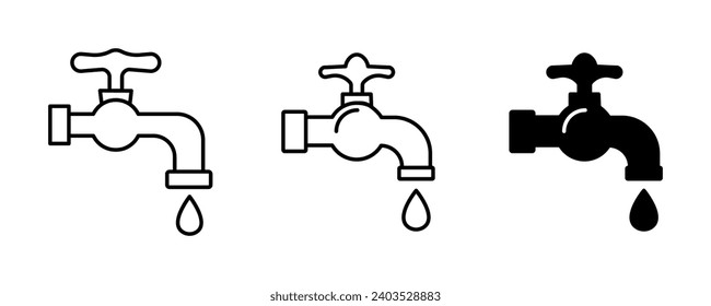 Juego de grifos e icono de línea de tuberías. Agua, plomero, plomería, válvula, gota, baño, lavabo, ducha, tubería, fugas. Iconos vectores para empresas y publicidad