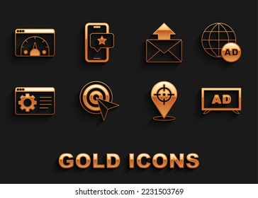 Set Target, Advertising, Browser setting, Mail and e-mail, Website statistic and Mobile with review rating icon. Vector