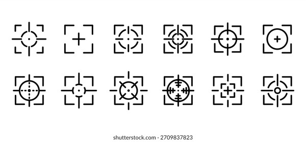 Conjunto de iconos de objetivo. Toma la precisión del ícono de objetivo enfocado Sniper aim. Enfoque el cursor en el objetivo. Icono de enfoque para apuntar, tiro con arco, disparo, navegación, iconos vectoriales establecidos en fondo transparente.