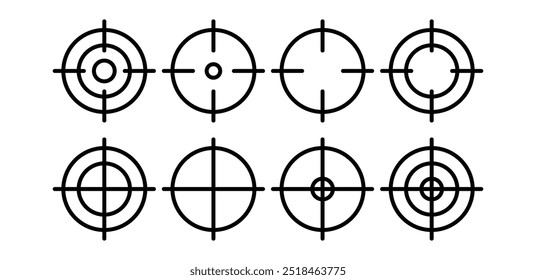 Satz Ziel Schießwaffe Symbol Vektor Design Symbol Zeichen einfache flache Linie schwarz weiß Farbe
