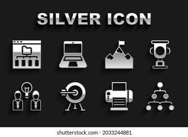 Set Target with arrow, Award cup, Hierarchy organogram chart, Printer, People lamp bulb, Mountains flag, Browser files and Laptop icon. Vector