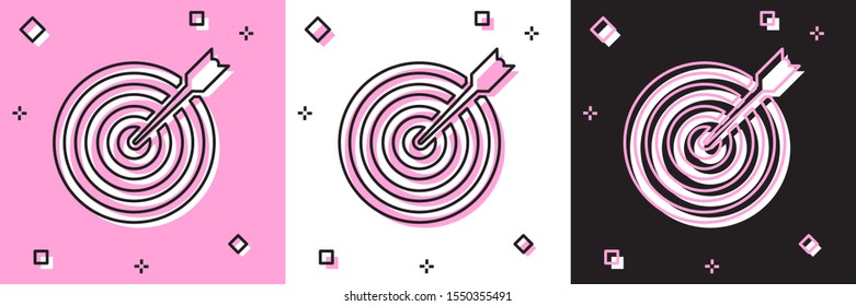 Set Target with arrow icon isolated on pink and white, black background. Dart board sign. Archery board icon. Dartboard sign. Business goal concept.  Vector Illustration