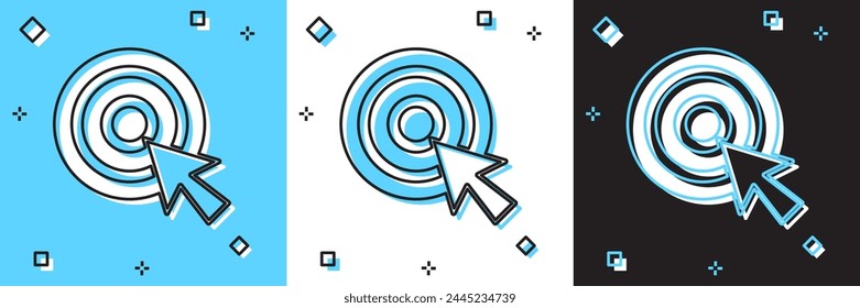 Set Target with arrow icon isolated on blue and white, black background. Dart board sign. Archery board icon. Dartboard sign. Business goal concept.  Vector