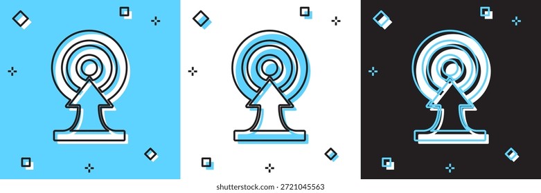 Definir destino com ícone de seta isolado no plano de fundo azul e branco e preto. Sinal de tabuleiro de dardo. Ícone do tabuleiro de Tiro com Arco. Sinal de Dartboard. Conceito de meta de negócios.  Vetor