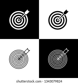Set Target with arrow icons isolated on black and white background. Dart board sign. Archery board icon. Dartboard sign. Business goal concept. Line, outline and linear icon. Vector Illustration